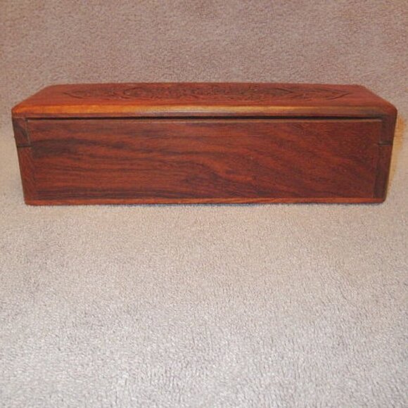 Vtg Lucky Brand Tooled Wood Fretwork Stash Box Brass Peace Sign Incense Trinket - Picture 9 of 11